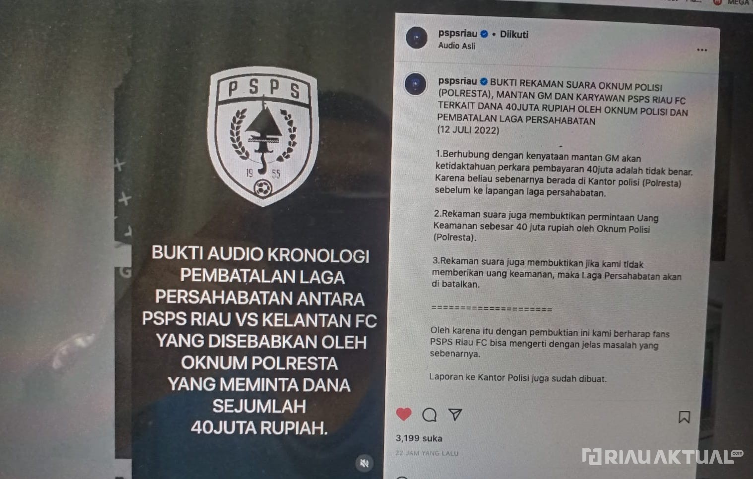Rekaman Dugaan Permintaan Uang Keamanan Laga PSPS Beredar