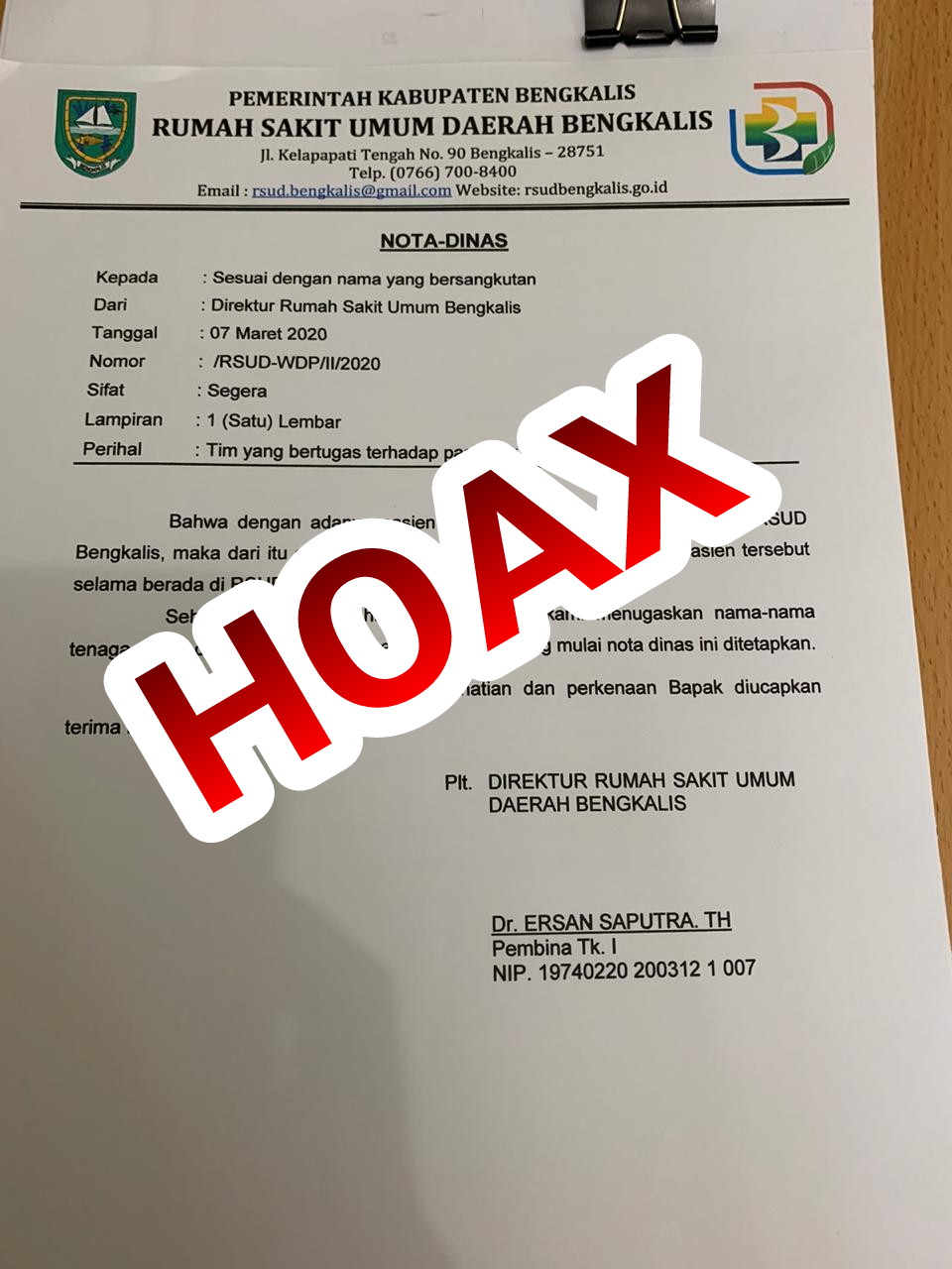 Beredar Nota Dinas Pasien Suspect Virus Corona di RSUD Bengkalis, Plt Direktur: Itu Hoax!
