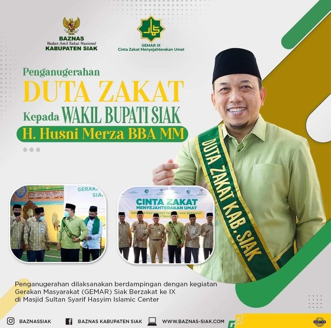 Husni Merza Terima Anugerah Duta Zakat Dari Basnaz Kabupaten Siak