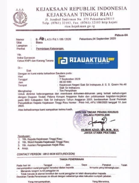 Mantan Ketua DPRD Siak Kembali Dipanggil Kejari