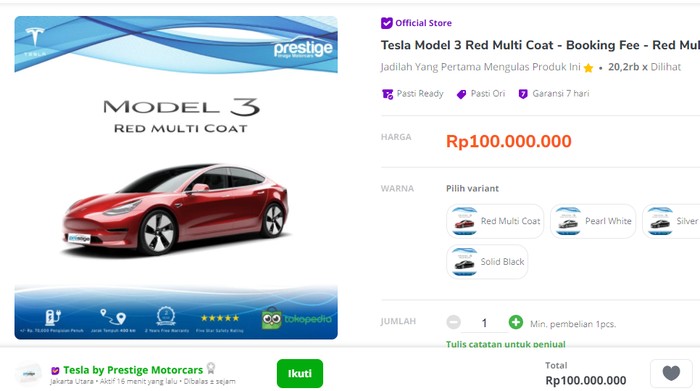 Sudah Jam 3 Pagi Gak Bisa Tidur, Crazy Rich Medan Iseng Beli Tesla Rp 1,5 M di Tokopedia