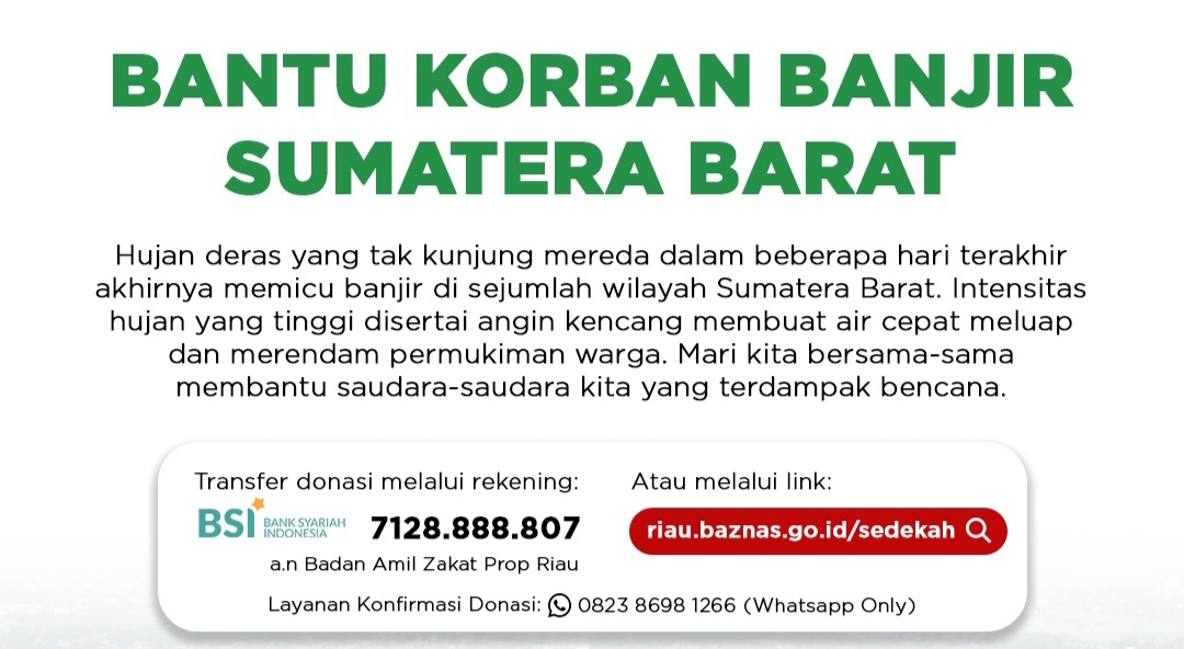 Baznas Riau Jembatani Donasi Korban Banjir Sumbar, Ini Nomor Rekeningnya!