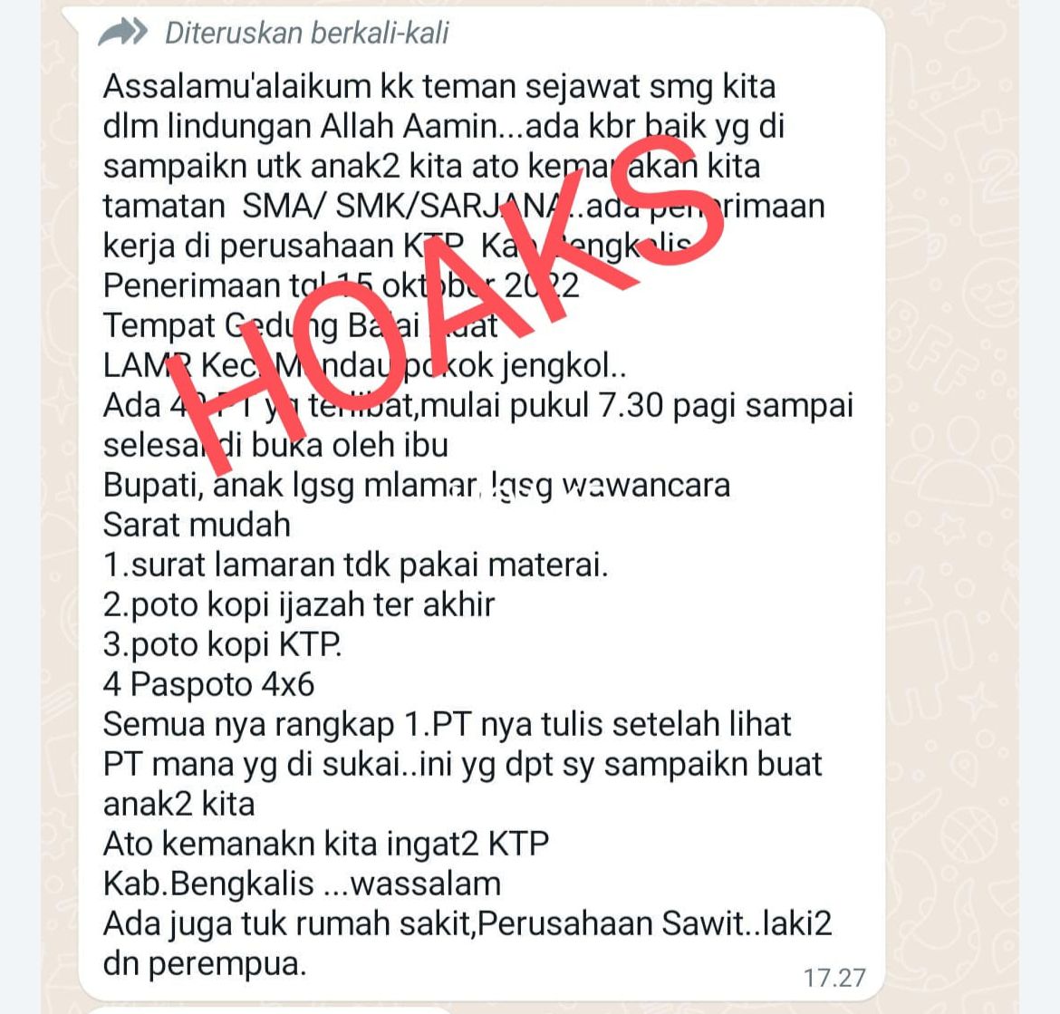 Kadiskominfo Bengkalis Pastikan Pesan Berantai Pembukaan Pekerjaan Hoaks