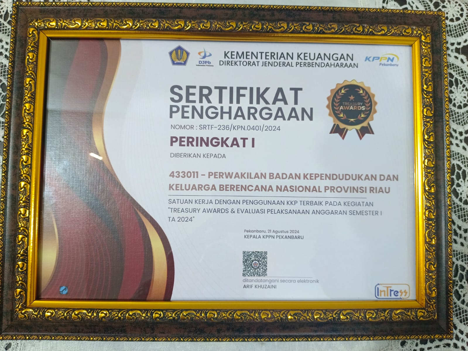 Perwakilan BKKBN Provinsi Riau Raih Penghargaan dari KPPN Pekanbaru atas Capaian Pelaksanaan Anggaran 2023