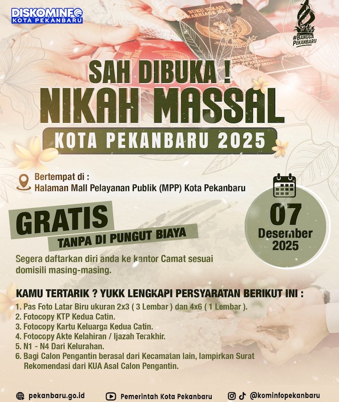 Nikah Massal Gratis di Pekanbaru, 43 Pasangan Sudah Daftar, Ada Undian Umrah!